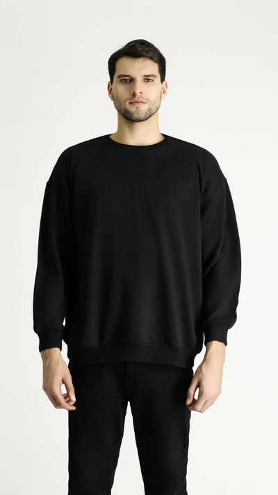 Siyah Bisiklet Yaka Oversize Pamuklu Sweatshirt