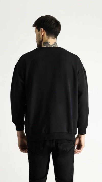 Siyah Bisiklet Yaka Oversize Pamuklu Sweatshirt