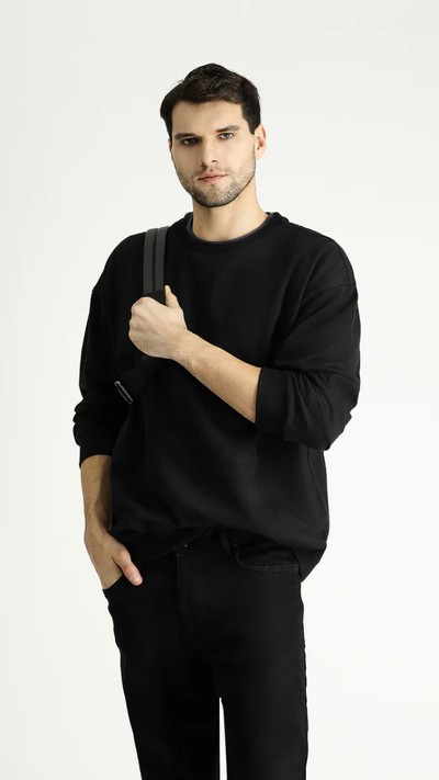 Siyah Bisiklet Yaka Oversize Pamuklu Sweatshirt