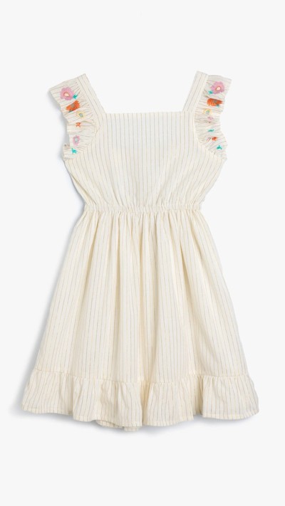 Kız Çocuk Elbise Fırfır Detaylı Kolları İşlemeli Pamuklu