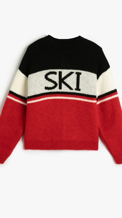 Kız Çocuk Kazak Yuvarlak Yaka Renk Bloklu Yazı Detaylı