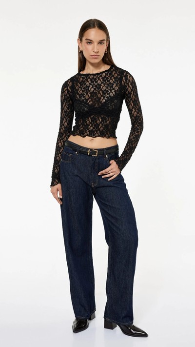 Slim Fit Uzun Kollu Bisiklet Yaka Dantel Bluz