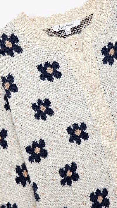 Bisiklet Yaka Jakarlı Düğmeli Çiçekli Triko Hırka