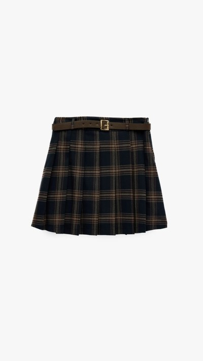 Kemer Detaylı Şortlu Ekose Mini Etek