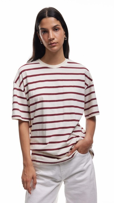 Pamuklu Kısa Kollu Bisiklet Yaka Basic Çizgili Tişört