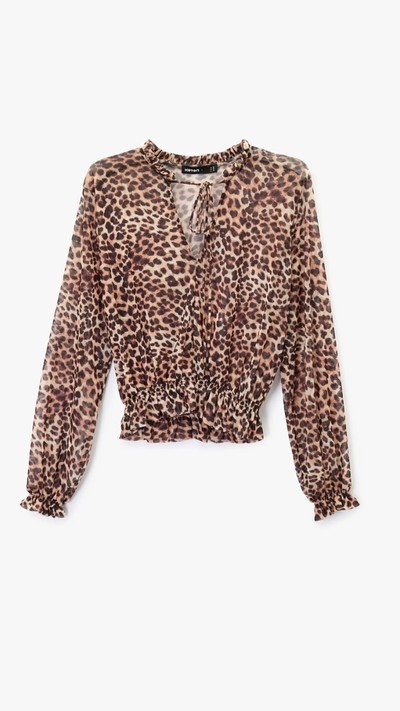 Gipeli Bağlamalı Yaka Leopar Desenli Tül Bluz