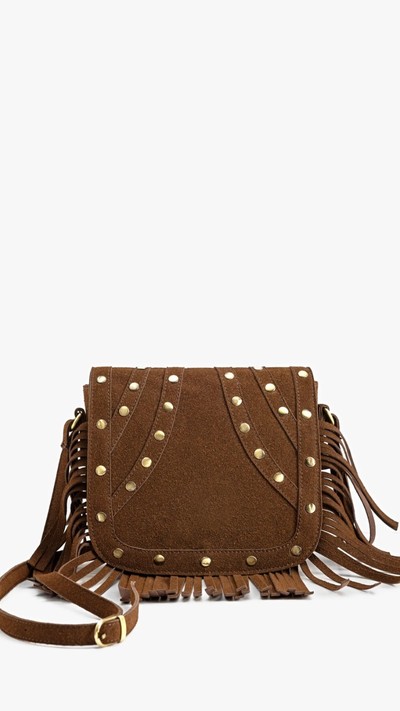 Süet Püsküllü Çapraz Çanta Zımba Detaylı