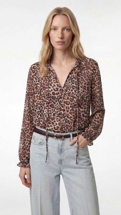 Gipeli Bağlamalı Yaka Leopar Desenli Tül Bluz