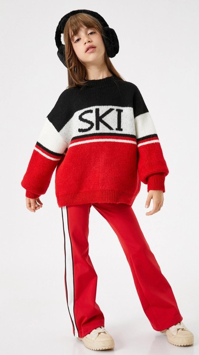 Kız Çocuk Kazak Yuvarlak Yaka Renk Bloklu Yazı Detaylı