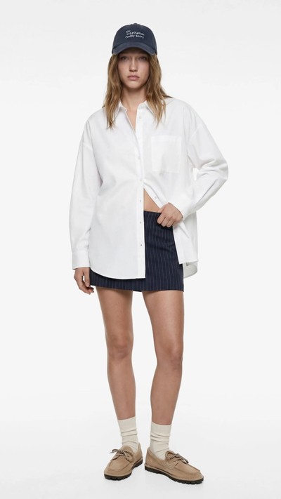 Cep Detaylı Pamuklu Uzun Kollu Oversize Gömlek