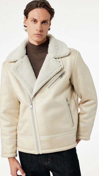Slim Fit Peluş Yaka Kışlık Suni Deri Ceket