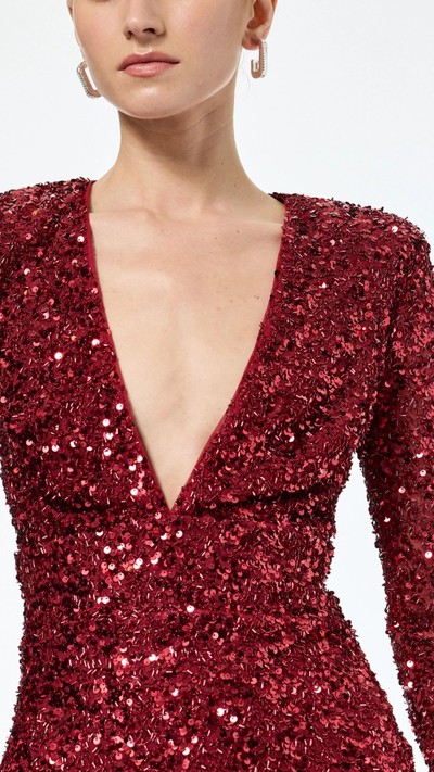 Derin V Yaka Payetli Mini Abiye Elbise
