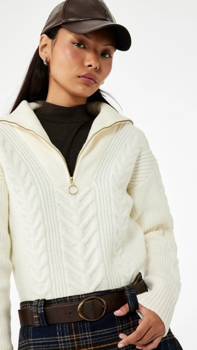 Saç Örgü Fermuarlı Yaka Triko Kazak