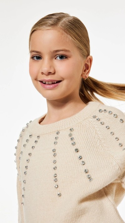 Kız Çocuk Taş Detaylı Bisiklet Yaka Triko Kazak