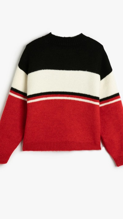 Kız Çocuk Kazak Yuvarlak Yaka Renk Bloklu Yazı Detaylı