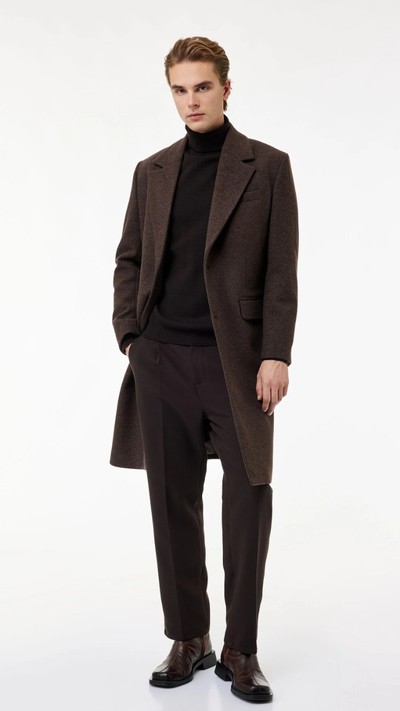 Regular Fit Cepli Mono Yaka Düğmeli Uzun Kaşe Kaban