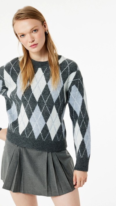 Bisiklet Yaka Baklava Desenli Triko Kazak