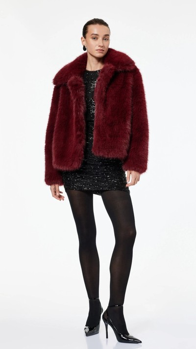 Bordo Kadın Suni Kürk Mont Uzun Kollu