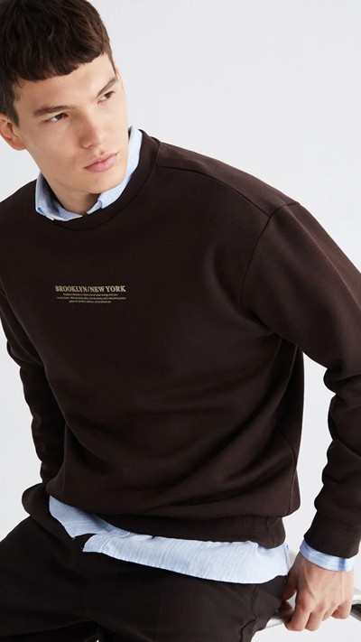 Crew Neck Printed Men's Thick Sweatshirt