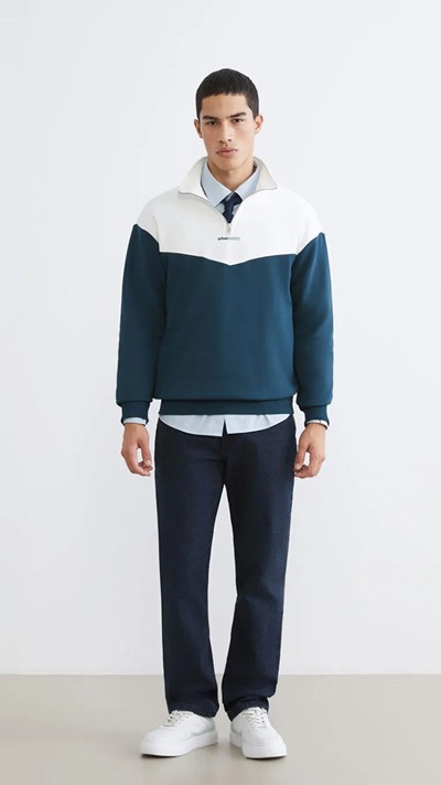Funnel Neck Color Block Men's Thick Sweatshirt