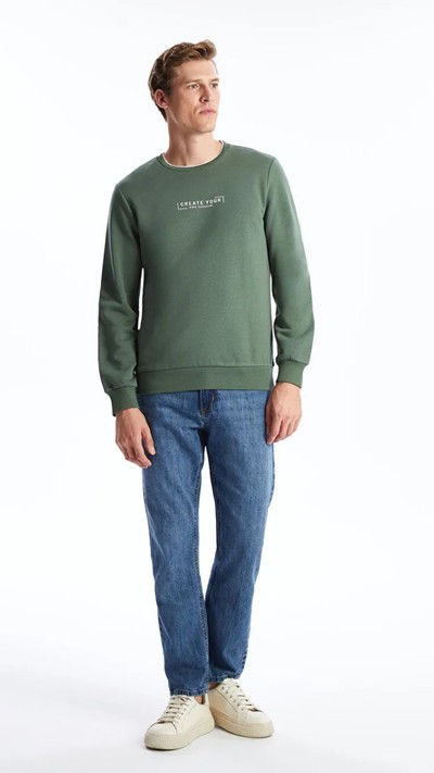 Crew Neck Printed Men's Thick Sweatshirt