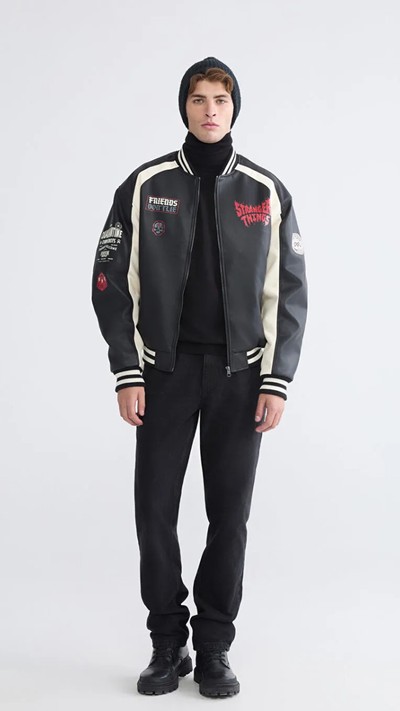  Loose Fit Stranger Things Printed Men's Faux Leather Jacket